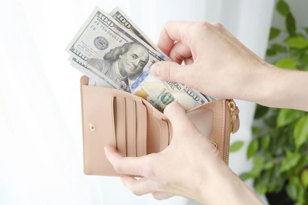 A woman's hands, holding an open wallet with cash for blog post how to make $100 a day